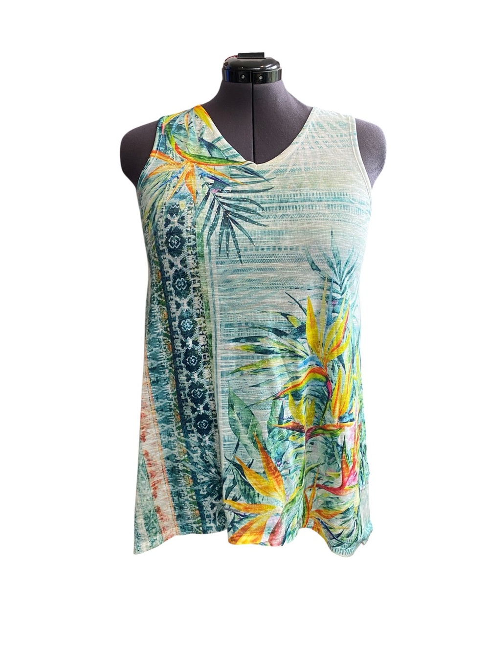 Time and Tru Women's size XL Multicolor semi sheer Tropical Print Tunic Tank Top